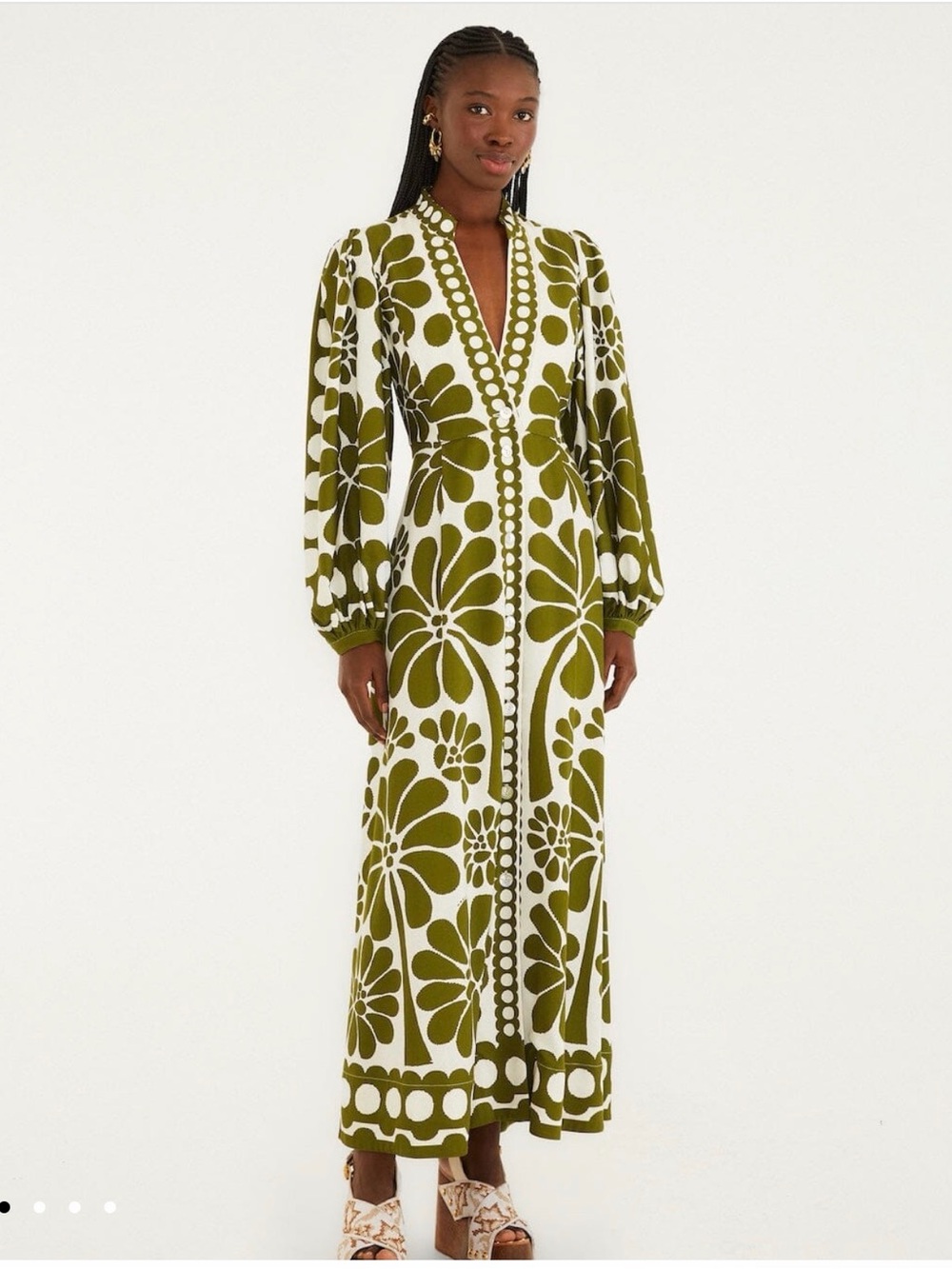 Farm Rio Green Palermo Buttoned Puff Sleeve Maxi Dress